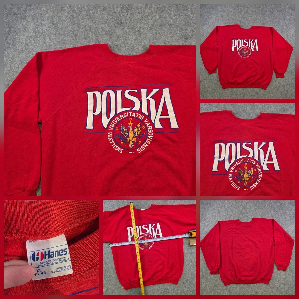 Vintage Hanes Polska Sweatshirt Mens XL Red University Warsaw Made USA 80s 90s